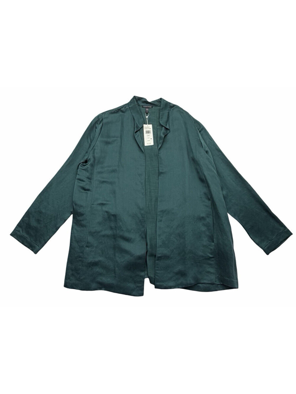 Eileen Fisher Satin Woven Stand Collar Open Front Jacket Emerald Green Size M